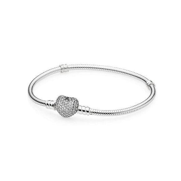 Authentic Pandora Bracelet PAVE HEART Sterling Silver 925 ale Snake Chain - Picture 1 of 10